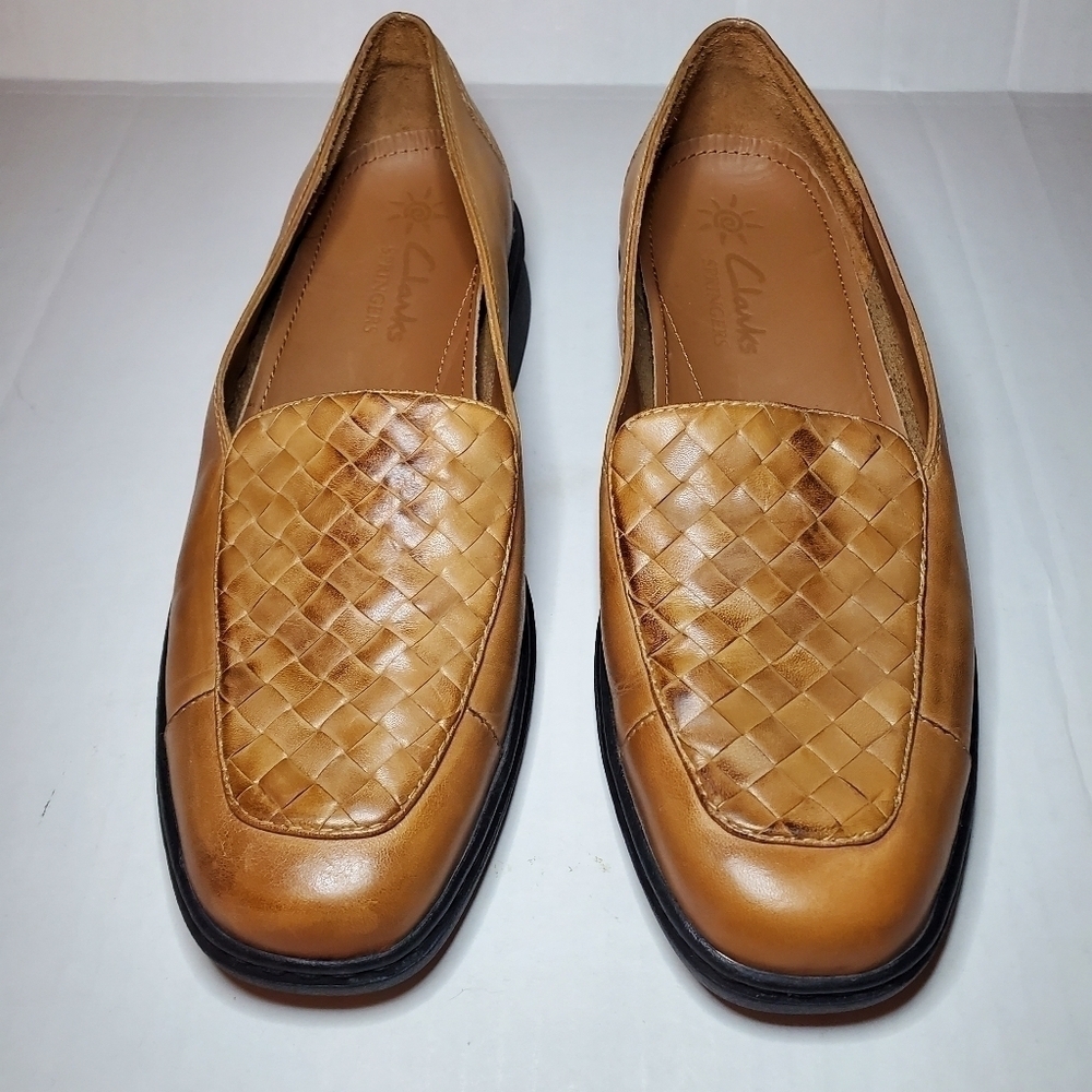 Clarks Springers Brown Tan Woven Intrecciato Leather Loafers US 9.5 M
